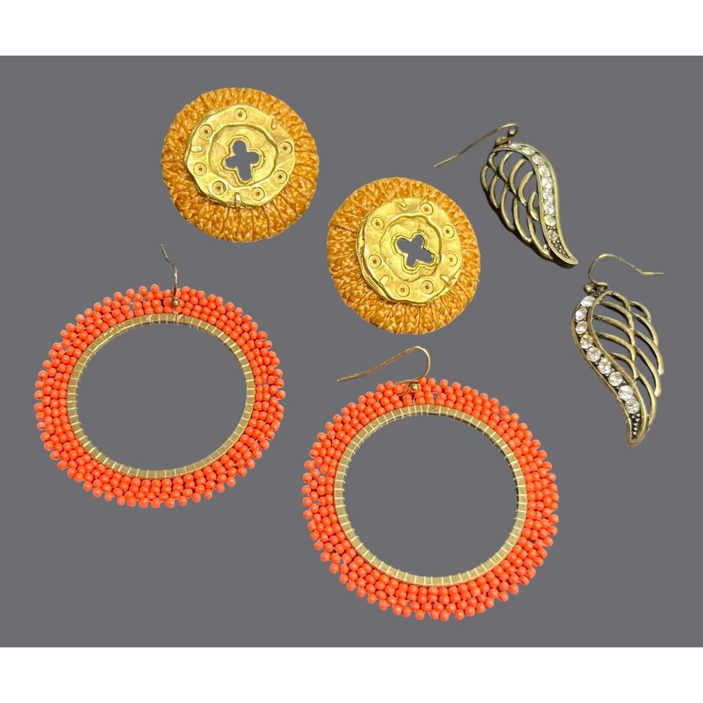 LOT OF 3 PAIRS OF EARRINGS Orange Beaded Hoops STRAW HAMMERED GOLD Bronze Wings